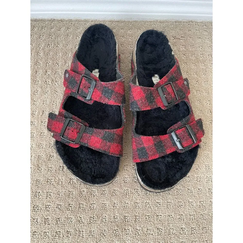 Birkenstock Arizona Shearling Sandals Men 45 US‎ 12 Red Black Wool Adjustable